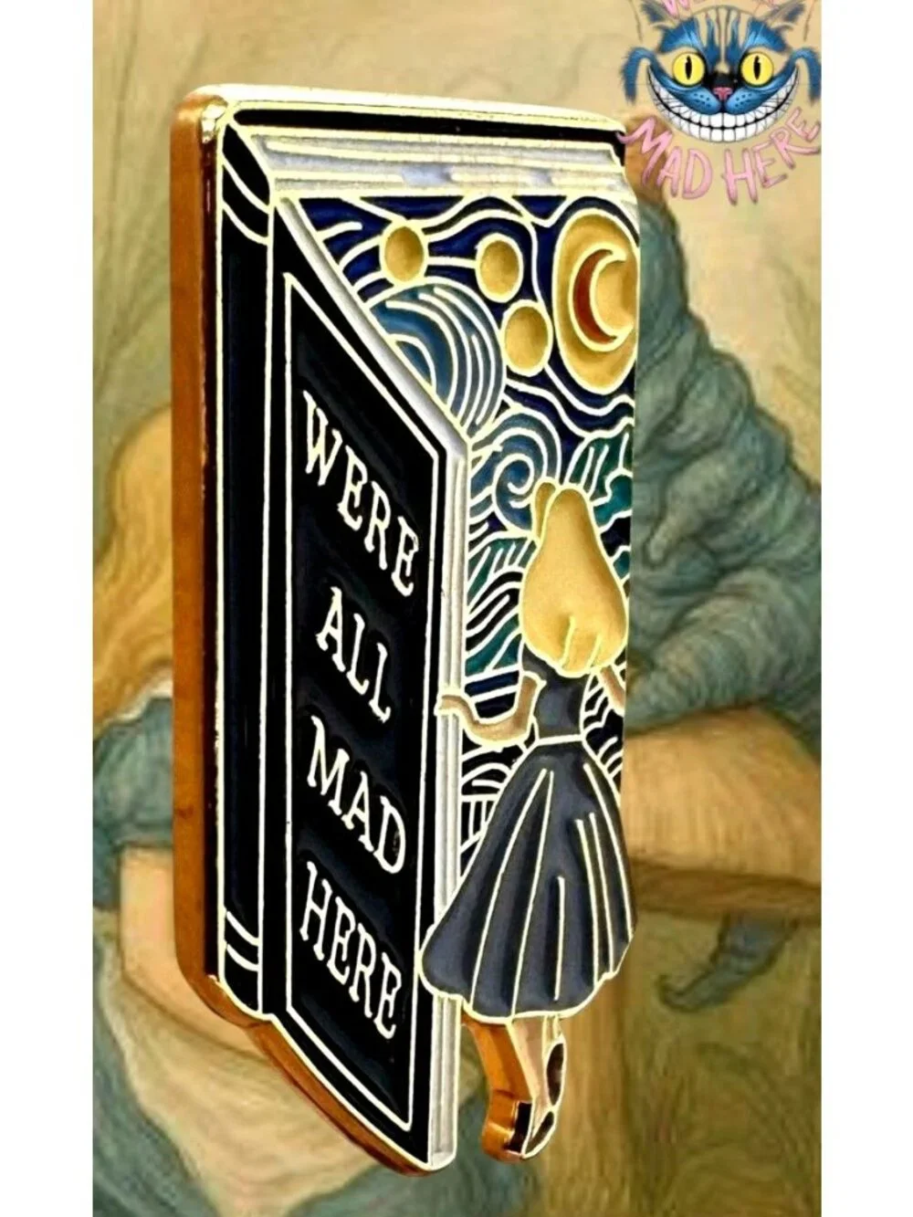 Alice in Wonderland Pin We’re All Mad Here Book Design Starry Night Rabbit Hole